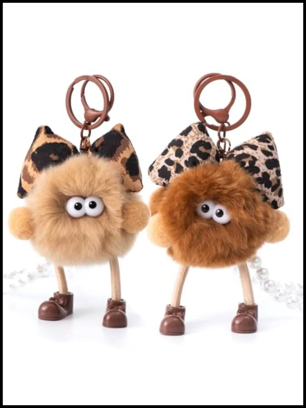 Kawaii Plush Keychains for Women, Leopard Bow Pom Pom Bag Charms with Pearl